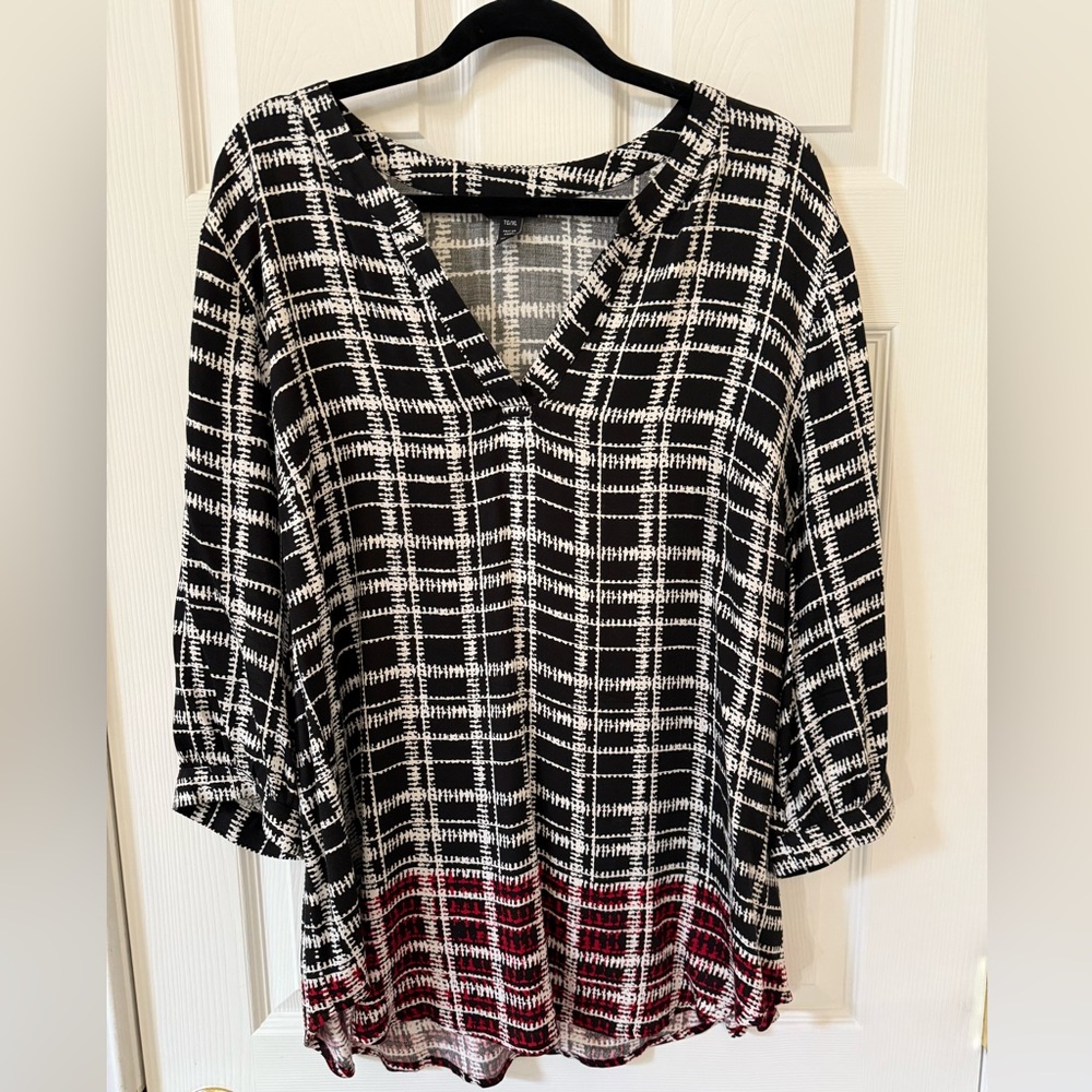 Tribal Black and White Checkered Blouse with Red Accents